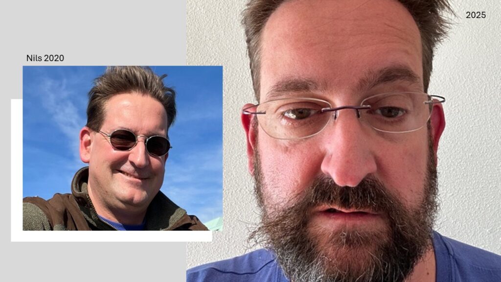 Zwei Portrait-Fotos von Nils : einmal 2020 und einmal 2025